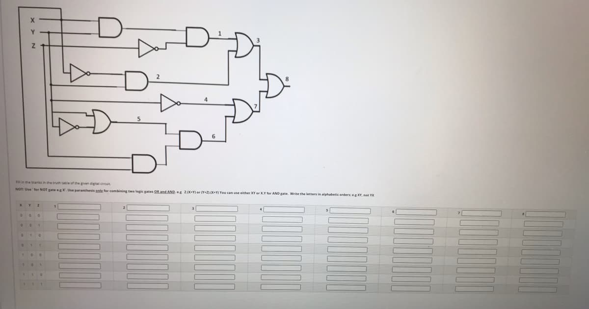 6.
F in the blanks in the truth table of the given digital circuit
NOT Use fer NOT gate egX. Use paranthesis only for combining two logic gates OR and AND e ZOX+Y) er (Y+Z).OX+Y) You can use either XY or X.Y for AND gate. Write the letters in alphabetic orders: eg XY, not YX
1
5
