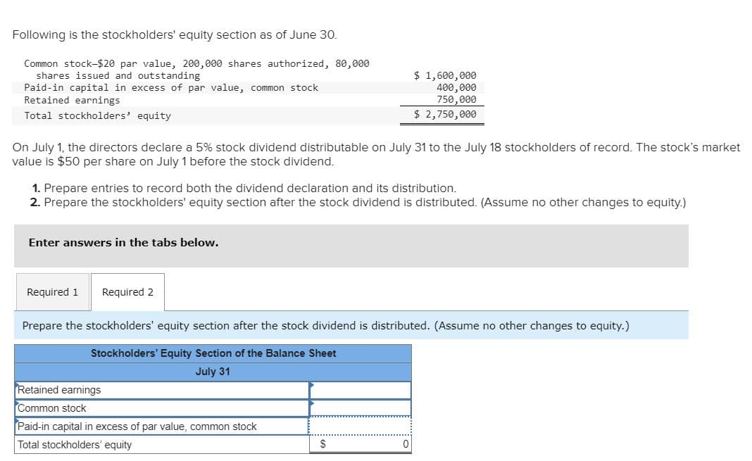 Following is the stockholders' equity section as of June 30.
Common stock-$20 par value, 200,000 shares authorized, 80,000
shares issued and outstanding
Paid-in capital in excess of par value, common stock
Retained earnings
Total stockholders' equity
On July 1, the directors declare a 5% stock dividend distributable on July 31 to the July 18 stockholders of record. The stock's market
value is $50 per share on July 1 before the stock dividend.
1. Prepare entries to record both the dividend declaration and its distribution.
2. Prepare the stockholders' equity section after the stock dividend is distributed. (Assume no other changes to equity.)
Enter answers in the tabs below.
Required 1 Required 2
$ 1,600,000
400,000
750,000
$ 2,750,000
Prepare the stockholders' equity section after the stock dividend is distributed. (Assume no other changes to equity.)
Stockholders' Equity Section of the Balance Sheet
July 31
Retained earnings
Common stock
Paid-in capital in excess of par value, common stock
Total stockholders' equity
$