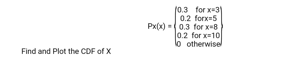 /0.3 for x-3)
0.2 forx=5
Px(x) = (0.3 for x-8
0.2 for x=10
lo otherwisel
Find and Plot the CDF of X
