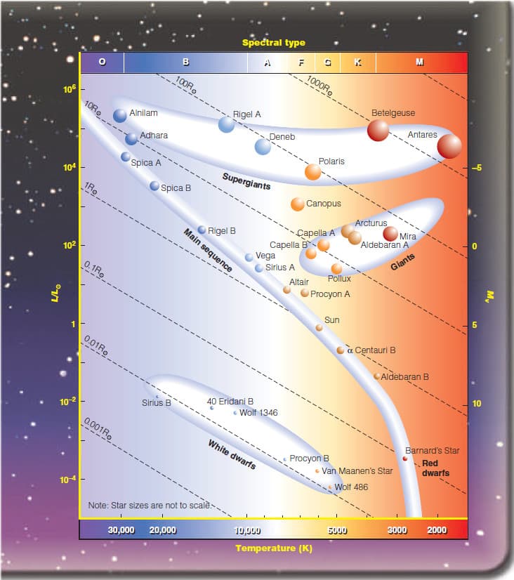 Spectral type
M
B
1000R.
100R
106
10RO.
Betelgeuse
Rigel A
Alnilam
Antares
Deneb
Adhara
Polaris
Spica A
104
Supergiants
1Ro
Spica B
Canopus
Arcturus
Mira
Rigel B
Main sequence
Capella A
Саpella B
Vega
Aldebaran A
102
Giants
Sirius A
Pollux
0.1Ro
Altair
Procyon A
Sun
a Centauri B
0.01Ro
CAldebaran B
10
40 Eridani B
Sirius B
• Wolf 1346
10-2
0.001R.
Barnard's Star
----
White dwarfs
Procyon B
- Van Maanen's Star
Red
dwarfs
Wolf 486
104
Note: Star sizes are not to scalè.
2000
3000
5000
10,000
30,000 20,000
Temperature (K)
