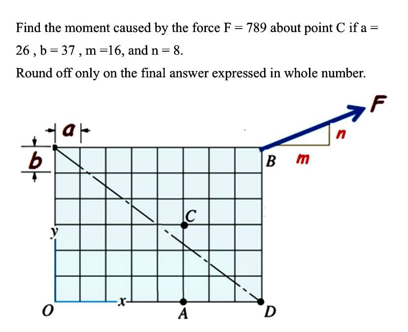 Find the moment caused by the force F = 789 about point C if a =
26,b= 37, m=16, and n = 8.
Round off only on the final answer expressed in whole number.
이야
{
b
•
C
A
Bm
D
n
F