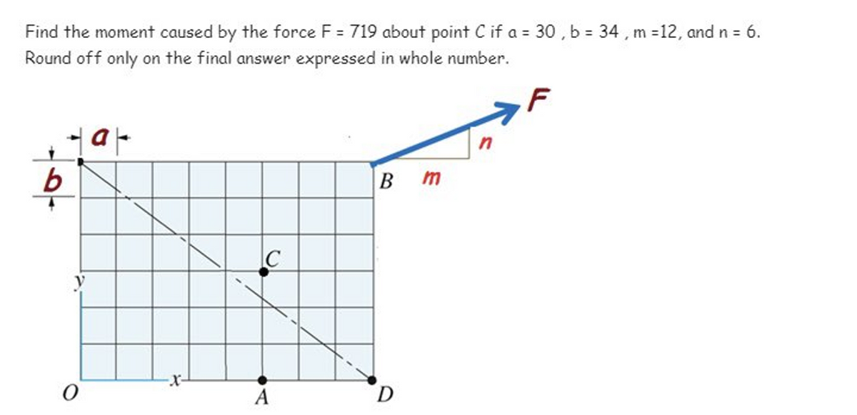 Find the moment caused by the force F = 719 about point C if a = 30, b = 34, m=12, and n = 6.
Round off only on the final answer expressed in whole number.
b
0
ar
C
A
Bm
D
