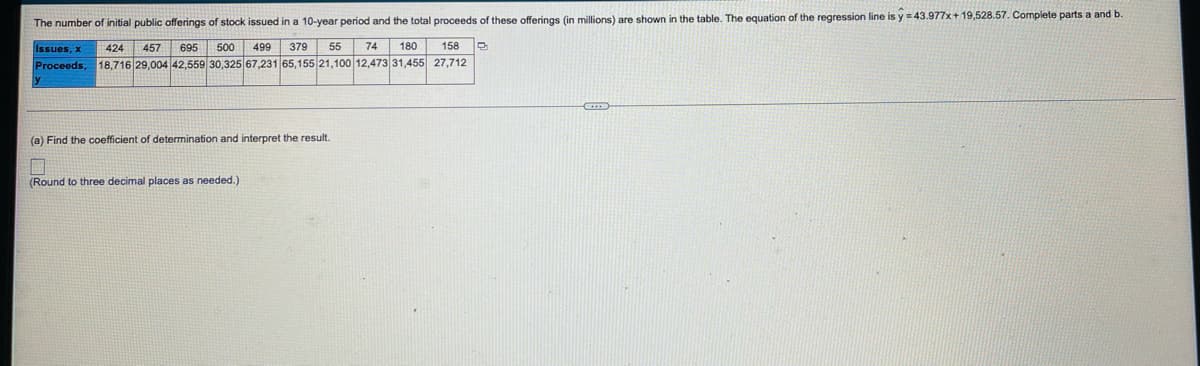 The number of initial public offerings of stock issued in a 10-year period and the total proceeds
these offerings (in millions) are shown in the table. The equation of the regression line is y = 43.977x+ 19,528.57. Complete parts a and b.
379 55
18,716 29,004 42,559 30,325 67,231 65,155 21,100 12,473 31,455 27,712
Issues, x
424
457
695 500
499
74
180
158
Proceeds.
(a) Find the coefficient of determination and interpret the result.
(Round
three decimal places as needed.)
