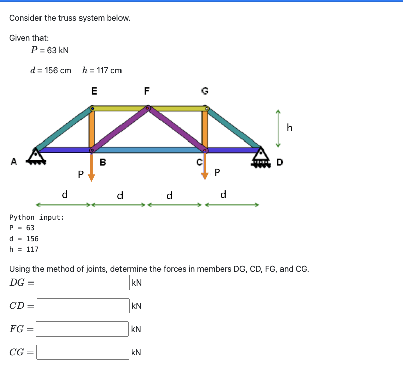 Consider the truss system below.
Given that:
A
P = 63 KN
d=156 cm h = 117 cm
E
Python input:
P = 63
d = 156
h = 117
FG
CD =
d
CG =
P
B
d
KN
KN
F
kN
d
G
Using the method of joints, determine the forces in members DG, CD, FG, and CG.
DG =
KN
C
P
d
D
h