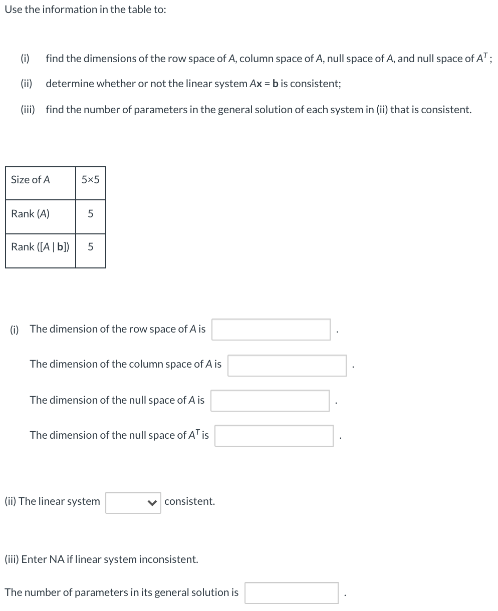 Use the information in the table to:
(i)
find the dimensions of the row space of A, column space of A, null space of A, and null space of A';
(ii)
determine whether or not the linear system Ax = b is consistent;
(iii) find the number of parameters in the general solution of each system in (ii) that is consistent.
Size of A
5×5
Rank (A)
Rank ([A | b])
(i) The dimension of the row space of A is
The dimension of the column space of A is
The dimension of the null space of A is
The dimension of the null space of A' is
(ii) The linear system
v consistent.
(iii) Enter NA if linear system inconsistent.
The number of parameters in its general solution is
