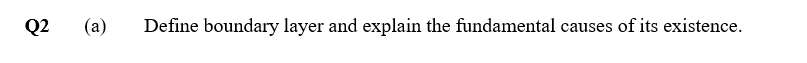 Q2
(a) Define boundary layer and explain the fundamental causes of its existence.