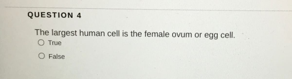 QUESTION 4
The largest human cell is the female ovum or egg cell.
O True
O False
