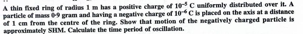 A thin fixed ring of radius 1 m has a positive charge of 10-5 C uniformly distributed over it. A
particle of mass 0-9 gram and having a negative charge of 10-6C is placed on the axis at a distance
of 1 cm from the centre of the ring. Show that motion of the negatively charged particle is
approximately SHM. Calculate the time period of oscillation.