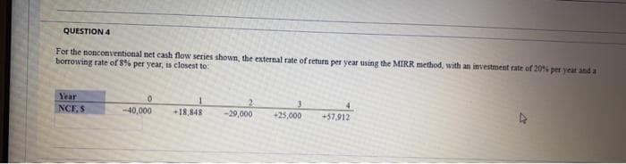 QUESTION 4
For the nonconventional net cash flow series shown, the external rate of return per year using the MIRR method, with an investment rate of 20% per year and a
borrowing rate of 8% per year, is closest to:
Year
2.
-29,000
NCF, S
-40,000
+18,848
+25,000
+57,912
