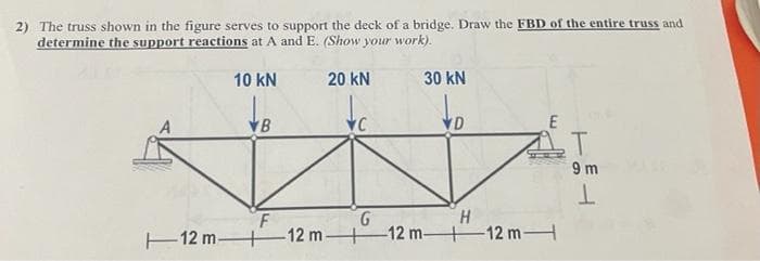 2) The truss shown in the figure serves to support the deck of a bridge. Draw the FBD of the entire truss and
determine the support reactions at A and E. (Show your work).
10 kN
20 kN
30 kN
VD
9 m
12 m-
-12 m+
-12 m +12 mH
