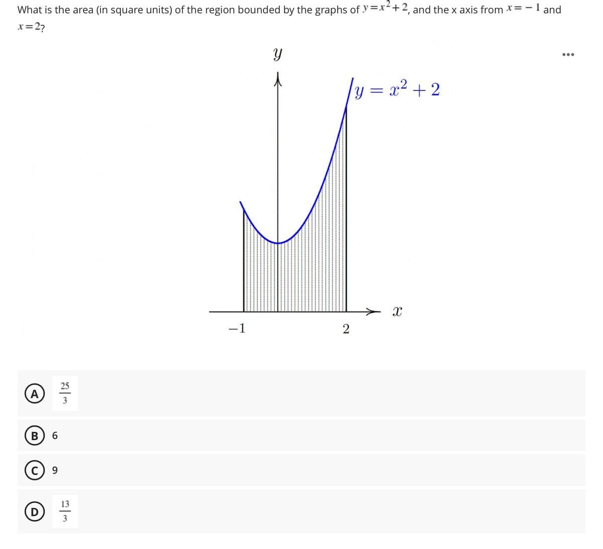 What is the area (in square units) of the region bounded by the graphs of y=x+2, and the x axis from x= -1 and
x=2?
•..
y = x² + 2
-1
25
A
3
В
9.
13
3
