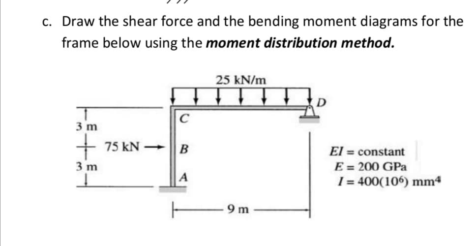 c. Draw the shear force and the bending moment diagrams for the
frame below using the moment distribution method.
25 kN/m
C
3 m
75 kN
El = constant
E = 200 GPa
I = 400(106) mm4
B
3 m
9 m
