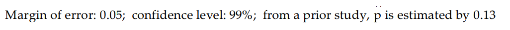 Margin of error: 0.05; confidence level: 99%; from a prior study, p is estimated by 0.13
