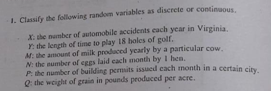 1. Classify the following random variables as discrete or continuous
X: the number of automobile accidents cach year in Virginia.
Y: the length of time to play 18 holes of golf.
M: the amount of milk produced yearly by a particular cow.
N: the number of eggs laid cach month by 1 hen.
P: the number of building permits issucd cach month in a certain city
Q: the weight of grain in pounds produced per acre.
