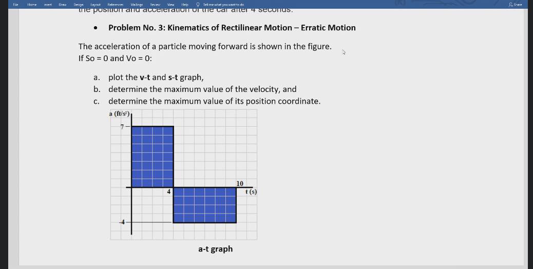 O Tel me what yon want to de
lome
nset
Design
IMut
eteence
Salnge
ne POSTIOIT Gna acceieraion o me car aier 4 Seconus.
Problem No. 3: Kinematics of Rectilinear Motion - Erratic Motion
The acceleration of a particle moving forward is shown in the figure.
If So = 0 and Vo = 0:
a. plot the v-t and s-t graph,
b. determine the maximum value of the velocity, and
C. determine the maximum value of its position coordinate.
a (ft/s')
10
t (s)
-4
a-t graph
