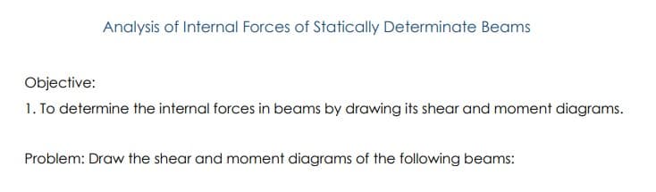 Analysis of Internal Forces of Statically Determinate Beams
Objective:
1. To determine the internal forces in beams by drawing its shear and moment diagrams.
Problem: Draw the shear and moment diagrams of the following beams: