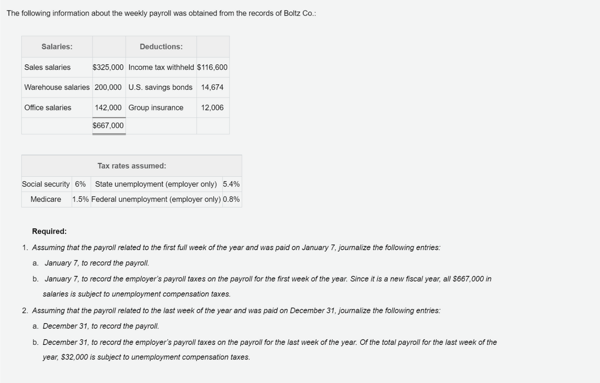 The following information about the weekly payroll was obtained from the records of Boltz Co.:
Salaries:
Sales salaries
Deductions:
$325,000 Income tax withheld $116,600
Warehouse salaries 200,000 U.S. savings bonds 14,674
Office salaries
142,000 Group insurance
$667,000
12,006
Tax rates assumed:
Social security 6%
State unemployment (employer only) 5.4%
Medicare
1.5% Federal unemployment (employer only) 0.8%
Required:
1. Assuming that the payroll related to the first full week of the year and was paid on January 7, journalize the following entries:
a. January 7, to record the payroll.
b. January 7, to record the employer's payroll taxes on the payroll for the first week of the year. Since it is a new fiscal year, all $667,000 in
salaries is subject to unemployment compensation taxes.
2. Assuming that the payroll related to the last week of the year and was paid on December 31, journalize the following entries:
a. December 31, to record the payroll.
b. December 31, to record the employer's payroll taxes on the payroll for the last week of the year. Of the total payroll for the last week of the
year, $32,000 is subject to unemployment compensation taxes.