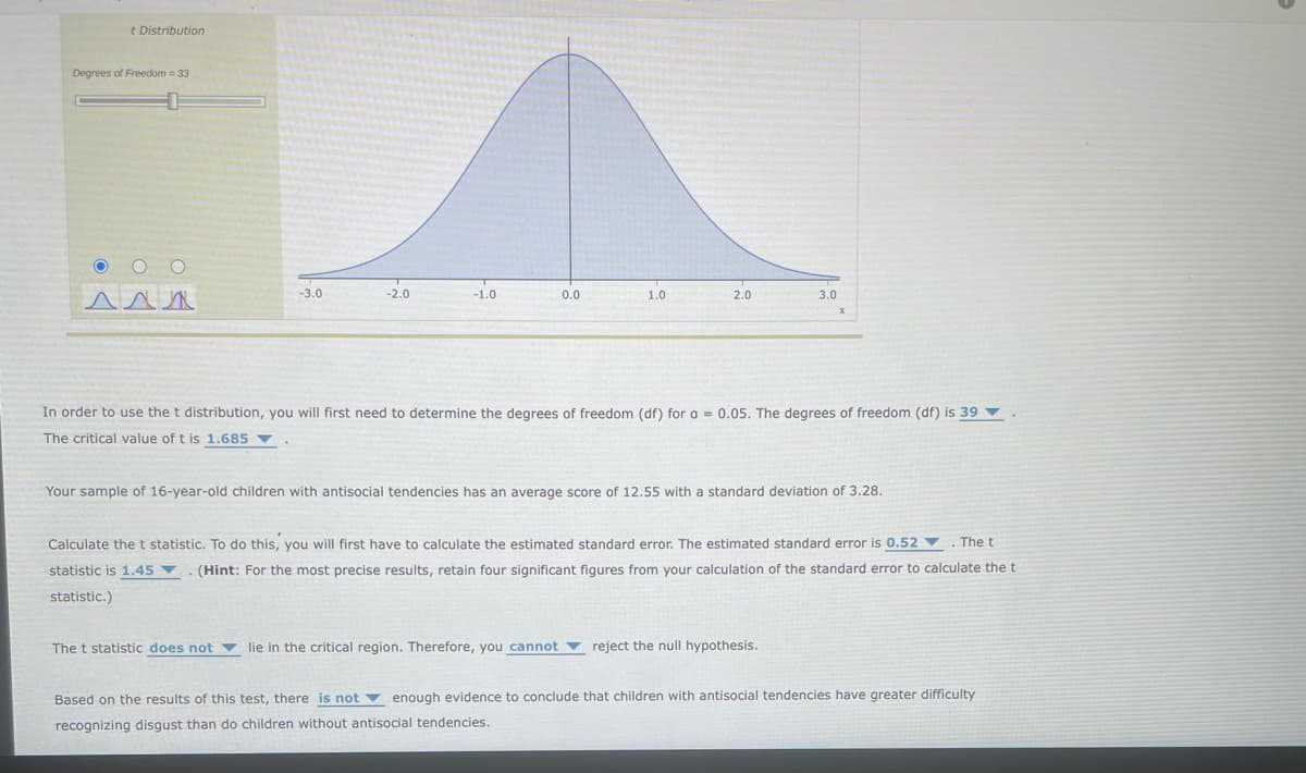 t Distribution
Degrees of Freedom = 33
OOO
^^^
-3.0
-2.0
-1.0
0.0
1.0
2.0
3.0
x
In order to use the t distribution, you will first need to determine the degrees of freedom (df) for a = 0.05. The degrees of freedom (df) is 39 ▼
The critical value of t is 1.685
Your sample of 16-year-old children with antisocial tendencies has an average score of 12.55 with a standard deviation of 3.28.
The t statistic does not lie in the critical region. Therefore, you cannot reject the null hypothesis.
Calculate the t statistic. To do this, you will first have to calculate the estimated standard error. The estimated standard error is 0.52. The t
statistic is 1.45 ▼ (Hint: For the most precise results, retain four significant figures from your calculation of the standard error to calculate the t
statistic.)
Based on the results of this test, there is not enough evidence to conclude that children with antisocial tendencies have greater difficulty
recognizing disgust than do children without antisocial tendencies.