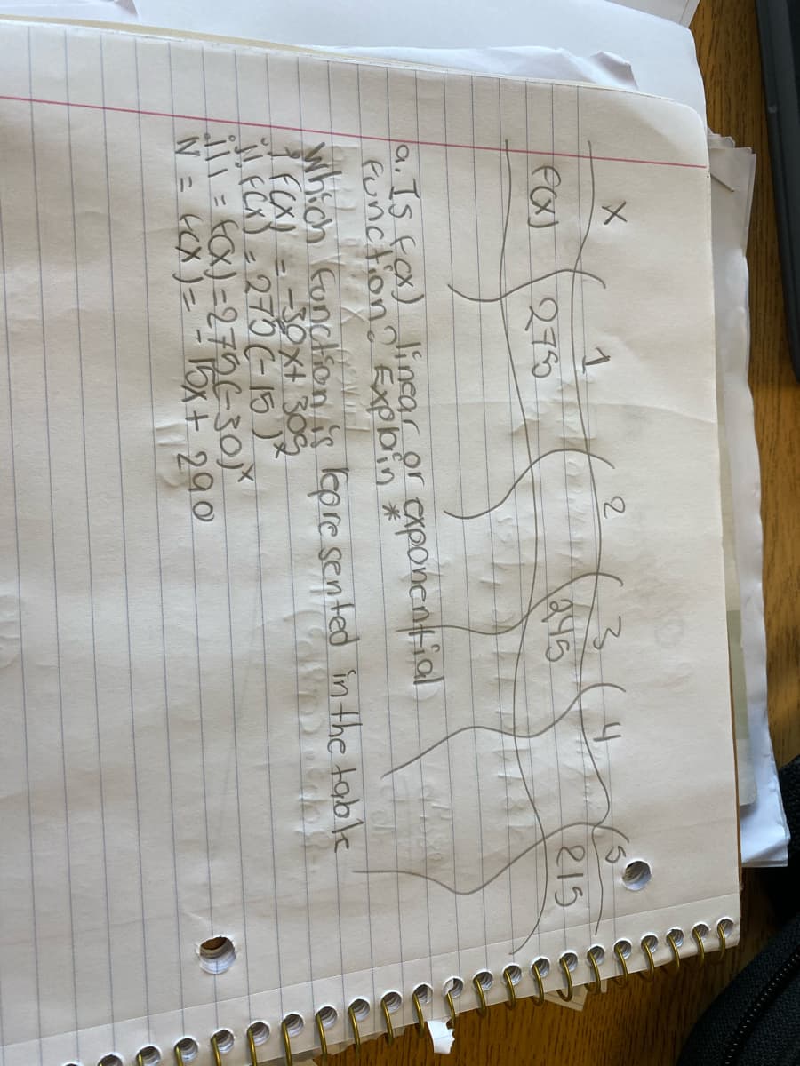 3.
FX)
2750
45
215
0.Is fax) lincar or cxponcntioal
function? Exploin
Which Function is ore sented in the table
I FCX) = 270 (-15)
N= 6CX)=- bxt 290
