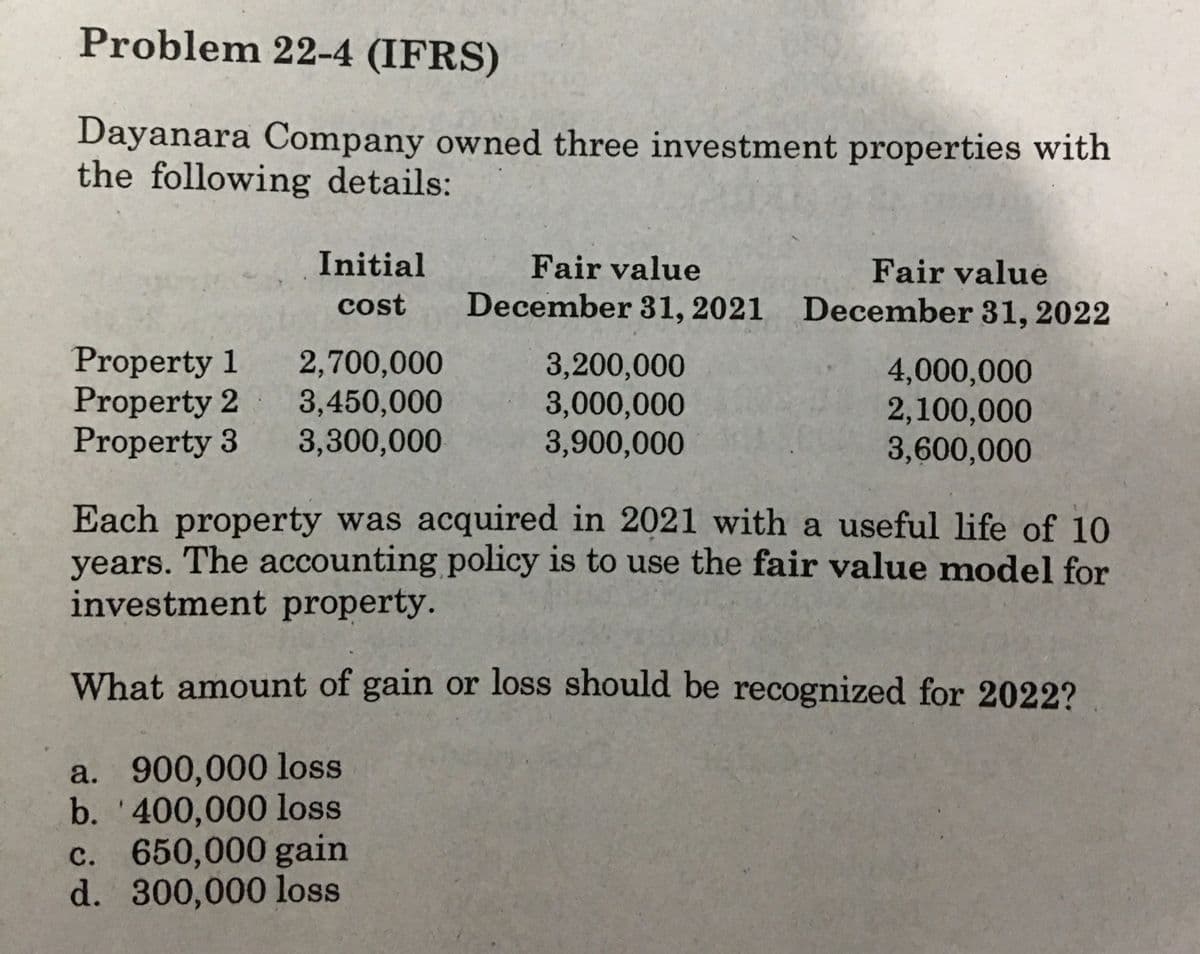 Problem 22-4 (IFRS)
Dayanara Company owned three investment properties with
the following details:
Initial
Fair value
Fair value
December 31, 2021 December 31, 2022
cost
Property 1
Property 2
Property 3
2,700,000
3,450,000
3,300,000
3,200,000
3,000,000
3,900,000
4,000,000
2,100,000
3,600,000
Each property was acquired in 2021 with a useful life of 10
vears. The accounting policy is to use the fair value model for
investment property.
What amount of gain or loss should be recognized for 2022?
a. 900,000 loss
b. '400,000 loss
c. 650,000 gain
d. 300,000 loss
