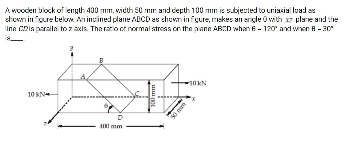 A wooden block of length 400 mm, width 50 mm and depth 100 mm is subjected to uniaxial load as
shown in figure below. An inclined plane ABCD as shown in figure, makes an angle 0 with xz plane and the
line CD is parallel to z-axis. The ratio of normal stress on the plane ABCD when 0 = 120° and when e = 30°
is.
B
A
10 kN
10 kN
a mm
D
400 mm
