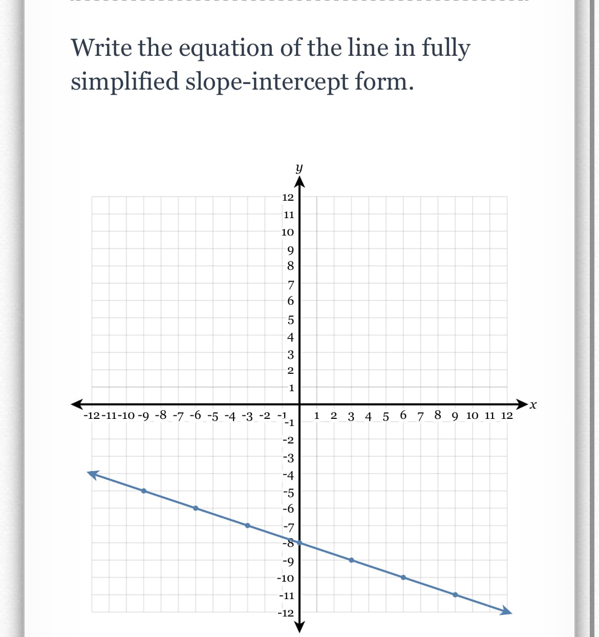 Write the equation of the line in fully
simplified slope-intercept form.
12
11
10
9
∞ 54321
8
-12-11-10 -9 -8 -7 -6 -5 -4 -3 -2 -1
7
6
-1
2 3 456
-2
-4
-5
y
-6
-7
-8
-9
-10
-11
-12
1
2 3 4 5 6 7 8 9 10 11 12
X