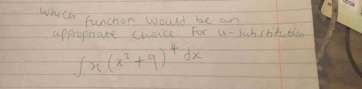 СТ29
12.
funchion Would be cn
appropriate choice
which
For u-Sub.stitution
4.
fa(x?+9)
