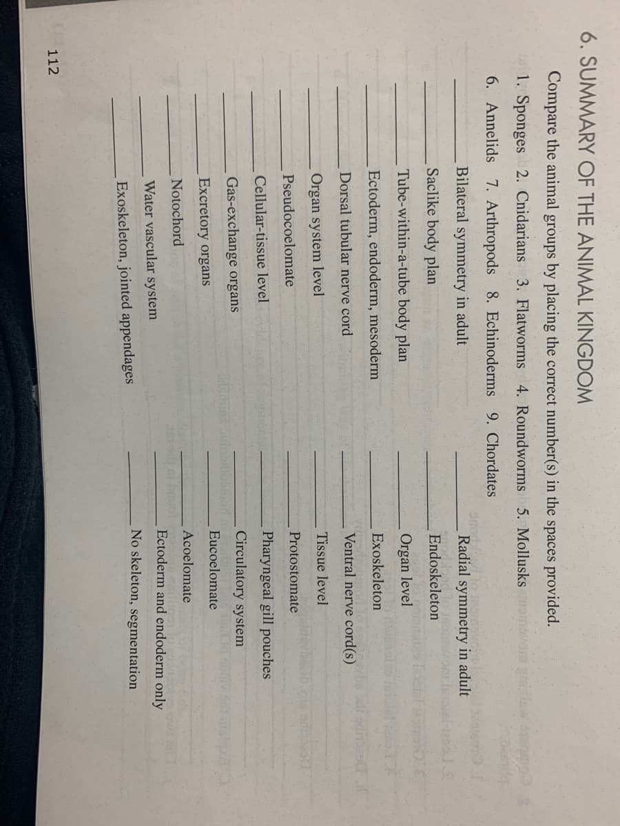 6. SUMMARY OF THE ANIMAL KINGDOM
Compare the animal groups by placing the correct number(s) in the spaces provided.
1. Sponges 2. Cnidarians 3. Flatworms 4. Roundworms 5. Mollusks inovore glew smp
6. Annelids 7. Arthropods 8. Echinoderms 9. Chordates
Bilateral symmetry in adult
Radial symmetry in adult
Saclike body plan
Endoskeleton
Tube-within-a-tube body plan
Organ level
Ectoderm, endoderm, mesoderm
Exoskeleton
Dorsal tubular nerve cord
Ventral nerve cord(s)
Organ system level
Tissue level
Pseudocoelomate
Protostomate
Cellular-tissue level
Pharyngeal gill pouches
Gas-exchange organs
Circulatory system
Eucoelomate
Excretory organs
Acoelomate
Notochord
Ectoderm and endoderm only
Water vascular system
No skeleton, segmentation
Exoskeleton, jointed appendages
112
