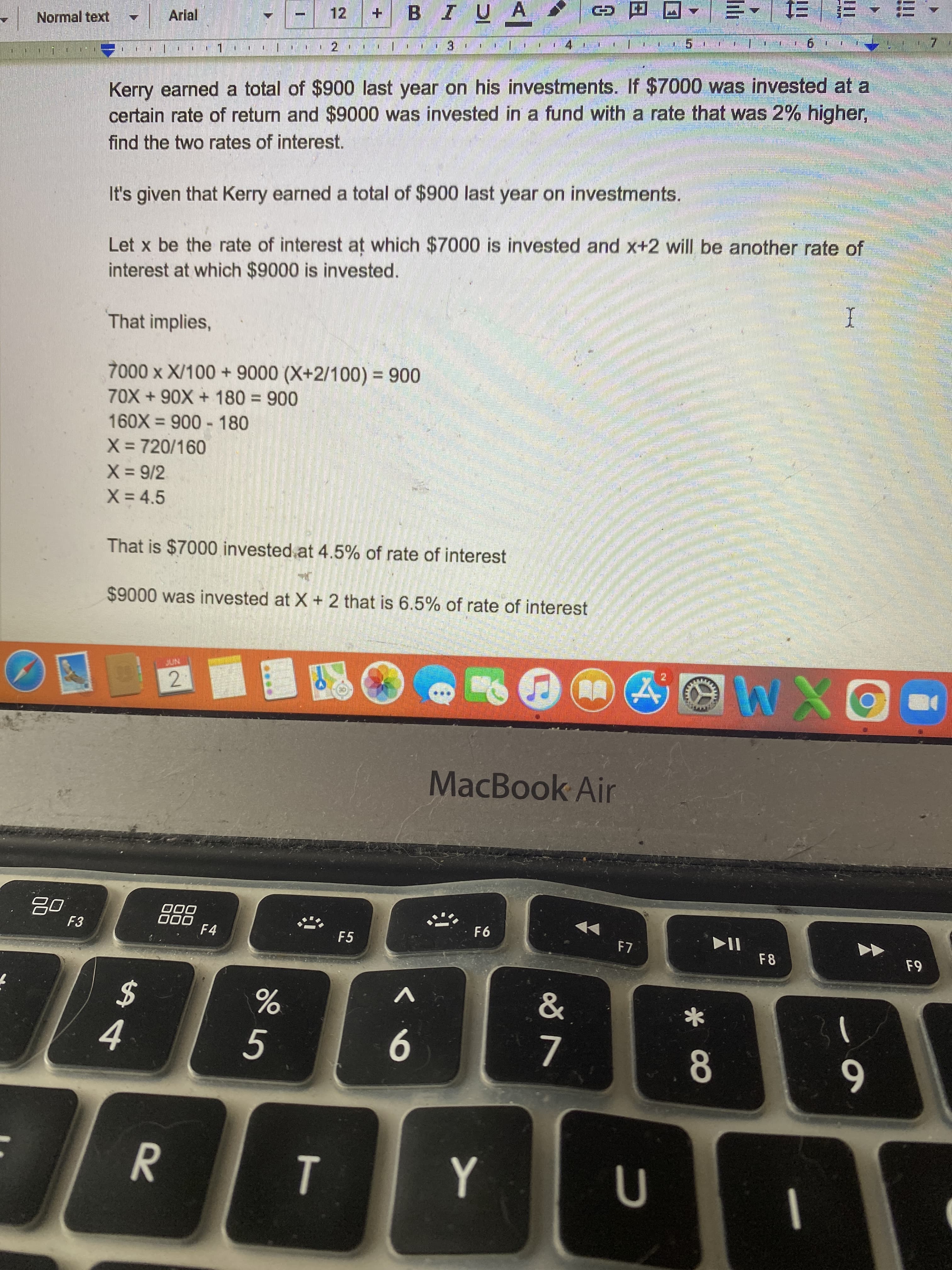## Finding Rates of Interest on Investments

Kerry earned a total of $900 last year on his investments. If $7000 was invested at a certain rate of return and $9000 was invested in a fund with a rate that was 2% higher, we need to find the two rates of interest.

Given:
- Total earnings from investments: $900
- Amount invested at a certain rate: $7000
- Amount invested at a rate 2% higher: $9000

Let \( x \) be the rate of interest at which $7000 is invested and \( x+2 \) be the rate of interest at which $9000 is invested.

This implies:
\[ \frac{7000 \cdot x}{100} + \frac{9000 \cdot (x+2)}{100} = 900 \]

Simplifying the equation:
\[ 70x + 90x + 180 = 900 \]
\[ 160x = 900 - 180 \]
\[ 160x = 720 \]
\[ x = \frac{720}{160} \]
\[ x = \frac{9}{2} \]
\[ x = 4.5 \]

This means:
- $7000 was invested at a 4.5% rate of interest.
- $9000 was invested at \( x + 2 = 4.5 + 2 = 6.5 \%\) rate of interest.