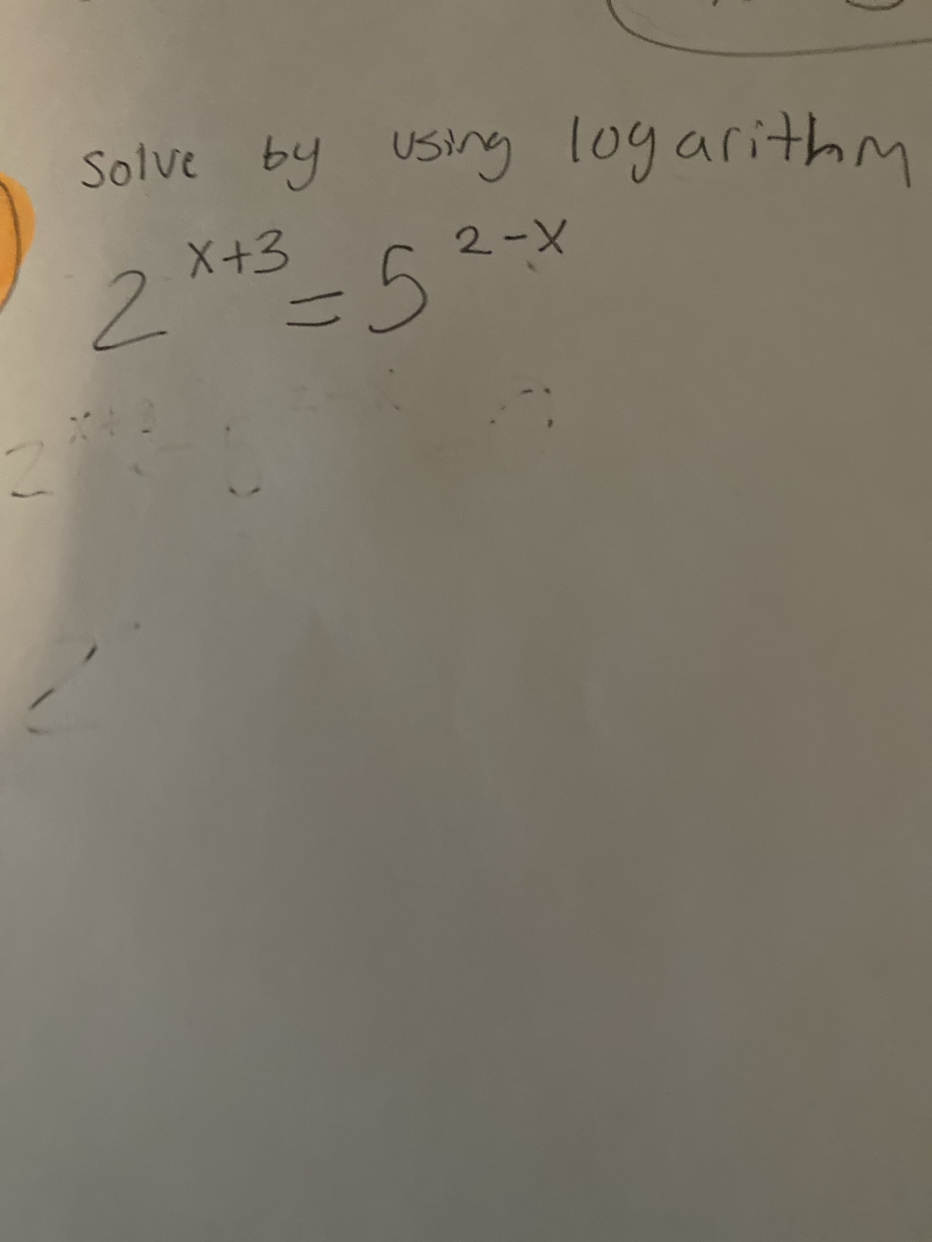 ### Solving Exponential Equations Using Logarithms

**Problem:**

\[ \text{Solve by using logarithms:} \]

\[ 2^{x+3} = 5^{2-x} \]

**Solution:**

To solve this equation, we need to use logarithms to isolate the variable \( x \). Here are the steps:

1. **Take the natural logarithm (ln) of both sides:**

   \[ \ln(2^{x+3}) = \ln(5^{2-x}) \]

2. **Apply the power rule of logarithms** \( \ln(a^b) = b \cdot \ln(a) \):

   \[ (x+3) \cdot \ln(2) = (2-x) \cdot \ln(5) \]

3. **Distribute the logarithms:**

   \[ x \ln(2) + 3 \ln(2) = 2 \ln(5) - x \ln(5) \]

4. **Collect the terms involving \( x \) on one side:**

   \[ x \ln(2) + x \ln(5) = 2 \ln(5) - 3 \ln(2) \]

5. **Factor out \( x \) from the left-hand side:**

   \[ x (\ln(2) + \ln(5)) = 2 \ln(5) - 3 \ln(2) \]

6. **Solve for \( x \):**

   \[ x = \frac{2 \ln(5) - 3 \ln(2)}{\ln(2) + \ln(5)} \]

This equation now gives us the value of \( x \) in terms of natural logarithms.

**Explanation of Concepts:**

- **Natural Logarithm (ln):** The natural logarithm is the logarithm to the base \( e \), where \( e \) is an irrational and transcendental constant approximately equal to 2.718281828459.
  
- **Power Rule of Logarithms:** This rule allows us to move the exponent in front of the logarithm, simplifying the equation.

By solving step-by-step using logarithmic properties, we've isolated \( x \) in the equation \( 2^{x+3} = 5^{2-x} \).