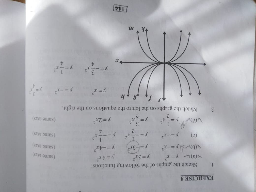 EXERCISE 8
Sketch the graphs of the following functions:
y = 3x?
1.
N(a) y=x²
y= 4x
(same axes)
y%3D-3x*
y=-4x
(same axes)
(ɔ)
y = -x
.2
(same axes)
2.
3
4
ー=イ
y = 2x2
(same axes)
2.
2.
Match the graphs on the left to the equations on the right.
y =-x
3
4.
4.
144
