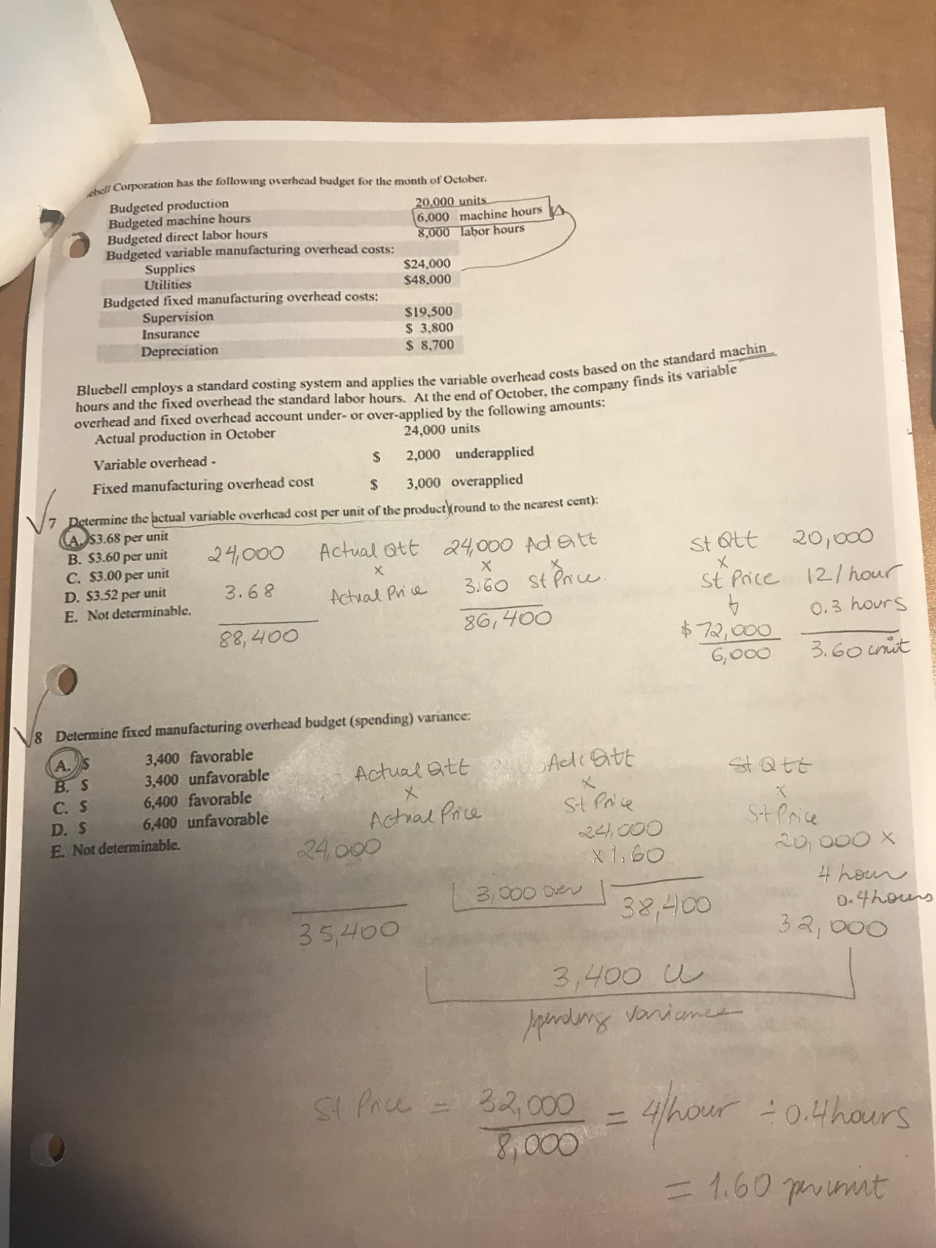 ebell Corporation has the following overhead budget for the month of October.
Budgeted production
Budgeted machine hours
Budgeted direct labor hours
Budgeted variable manufacturing overhead costs:
Supplies
Utilities
20.000 units.
6,000 machine hours
8,000 labor hours
$24,000
$48,000
Budgeted fixed manufacturing overhead costs:
Supervision
Insurance
$19.500
3,800
Depreciation
$ 8,700
Blucbell employs a standard costing system and applies the variable overhead costs based on the standard machin
hours and the fixed overhead the standard labor hours. At the end of October, the company finds its variable
overhead and fixed overhead account under- or over-applied by the following amounts
Actual production in October
24,000 units
Variable overhead -
2,000 underapplied
Fixed manufacturing overhead cost
$
3,000 overapplied
7 Determine the actual variable overhead cost per unit of the product(round to the nearest cent):
A S3.68 per unit
B. $3.60 per unit
C. $3.00 per unit
D. S3.52 per unit
24000
Actual att 4000 Ad ett
20,000
St Qtt
3.68
3 G0 St Pa
12/ hour
St Pice
Achual Pri a
E. Not determinable.
86,400
O.3 hours
88,400
72,000
G,000
3.60 unut
Determine fixed manufacturing overhead budget (spending) variance:
8
3,400 favorable
3,400 unfavorable
6,400 favorable
6,400 unfavorable
Actual att40 Aed tt
B. S
stQtt
C. S
Actral Pae
24000
D. S
Stpre
E. Not determinable.
24,000
4 heur
0.4hours
3a, 000
3/000 0e
32,400
35,Ho0
3,400 u
=4hour 20.4hours
= 1.60 pmint
