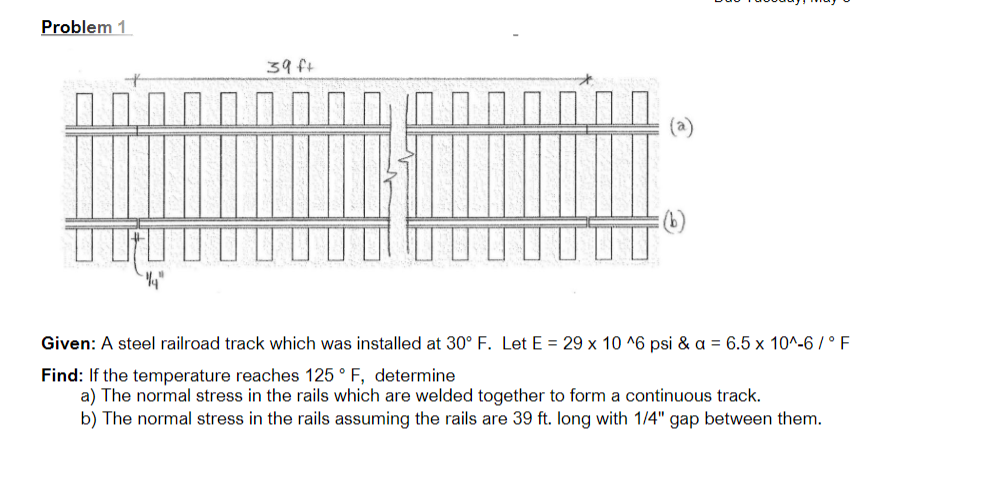 Problem 1
39 ft
():
Given: A steel railroad track which was installed at 30° F. Let E = 29 x 10 ^6 psi & a = 6.5 x 10^-6 / ° F
Find: If the temperature reaches 125 ° F, determine
a) The normal stress in the rails which are welded together to form a continuous track.
b) The normal stress in the rails assuming the rails are 39 ft. Iong with 1/4" gap between them.
