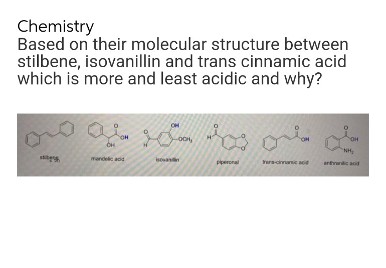 Chemistry
Based on their molecular structure between
stilbene, isovanillin and trans cinnamic acid
which is more and least acidic and why?
OH
ого два дека доз ов св
OH
OH
-OCH₂
OH
NH₂
stilbe
mandelic acid
isovanillin
piperonal
trans-cinnamic acid
anthranilic acid