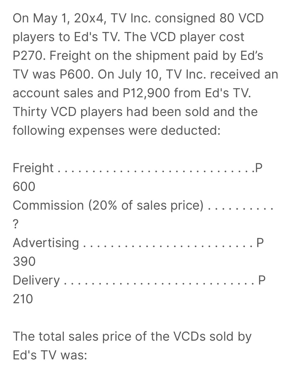 On May 1, 20x4, TV Inc. consigned 80 VCD
players to Ed's TV. The VCD player cost
P270. Freight on the shipment paid by Ed's
TV was P600. On July 10, TV Inc. received an
account sales and P12,900 from Ed's TV.
Thirty VCD players had been sold and the
following expenses were deducted:
Freight ..
.P
600
Commission (20% of sales price)
?
Advertising ..
..
390
Delivery .
..
210
The total sales price of the VCDS sold by
Ed's TV was:
P.
