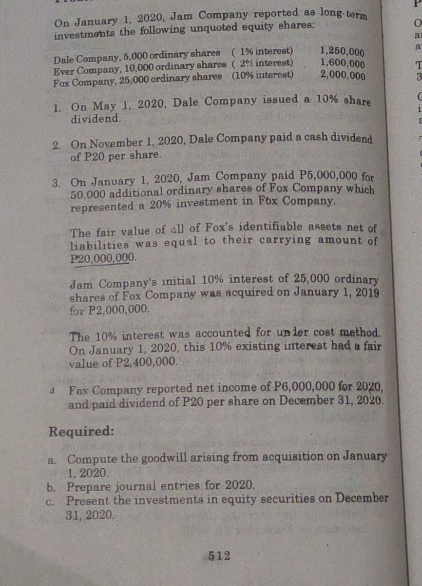 On January 1, 2020, Jam Company reported as long-term
investments the following unquoted equity shares:
ar
at
Dale Company, 5,000 ordinary shares (1% interest)
Ever Company, 10,000 ordinary shares ( 2% interest)
Fox Company, 25,000 ordinary shares (10% interest)
1,250,000
1,600,000
2,000,000
T
3
1. On May 1, 2020, Dale Company issued a 10% share
dividend.
2. On November 1, 2020, Dale Company paid a cash dividend
of P20 per share.
3. On January 1, 2020, Jam Company paid P5,000,000 for
50,000 additional ordinary shares of Fox Company which
represented a 20% investment in Fox Company.
The fair value of all of Fox's identifiable assets net of
liabilities was equal to their carrying amount of
P20,000,000.
Jam Company's initial 10% interest of 25,000 ordinary
shares of Fox Company was acquired on January 1, 2019
for P2,000,000.
The 10% interest was accounted for unler cost method.
On January 1, 2020, this 10% existing interest had a fair
value of P2,400,000.
Fox Company reported net income of P6,000,000 for 2020,
and paid dividend of P20 per share on December 31, 2020.
Required:
a. Compute the goodwill arising from acquisition on January
1, 2020.
b. Prepare journal entries for 2020.
Present the investments in equity securities on December
31, 2020.
с.
512
