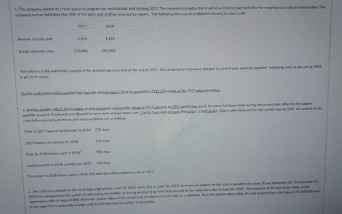 c. The company started its 1-year warranty program for merchandise sold starting 2017. The company estimates that it will incur P350 in part and labor for repairing each unit of merchandise. The
company further estimates that 70% of the units sold shall be returned for repairs. The following information is deemed relevant for your audit:
2017
2018
Number of units sold
1,250
1,410
Actual warranty costs
153.000
250.000
The balance of the warranties payable is the accrued warranty cost at the end of 2017. Actual warranty costs were charged to current-year warranty expense. Adjusting entry'at the end af 2018
is yet to be made.
Further audit examination revealed that from the amount paid in 2018 for warranties, P143,250 relates to the 2017 sales/warranties.
d. Salaries payable reflects the probable unused sick leaves and vacation ledaves in 2017 and prior to 2017 corried over 2018. No entry had been made during the cunrent yaar affecting the salluries
payable account. Employees are allowed to carry-over unused leaves over 2 years from vear of grant. thereafter it shall expire. Salary rates increased for the carment year by 10%.. Amaralysik af ttle
cumulative unused sick leaves and vacation leaves are as follóws:
Prior to 2017 leaves carried over to 2018 270 days
2017 leaves carried over to 2018
625 days
Prior to 2018 leaves used in 2018*
700 days
550 days
Leaves earned in 2018 carried over 2019
*from prior to 2018 leaves used in 2018, 200 were earned by employees prior to 2017.
e. The 12% note payable to the bank was originated on June 30, 2016 and is due on June 30, 2019. Semi-annual interest on the note is payable every Jlume 31 ant Dionoeniber 31, Or. Deceniba 31
2018 the company has the option of refinancing the liability by issuing another long term debt security to the same bank due on June 30, 2020, The grooeetk af tihe ltoan tte the matie, aE mer
agreement shall not exceed 80% of the fair market value of the property to be attached to the loan as a collateral. As of the balance sheet dlate, the sait praperty that a fiairwalur af PDED(EDI anti
is not expected to materially change until the refinancing transaction is completed.
