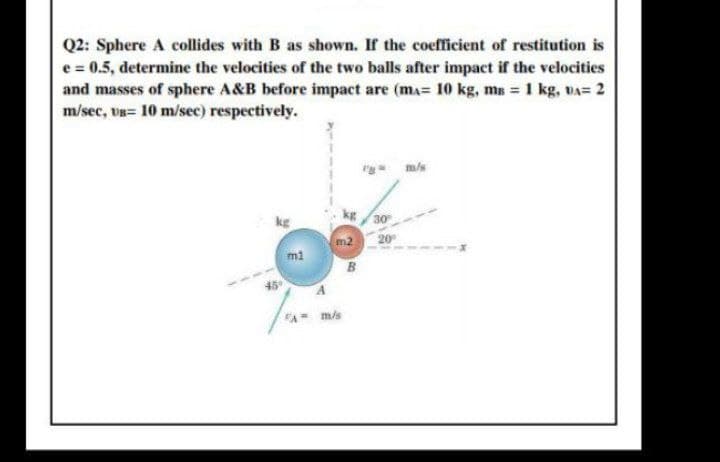 Q2: Sphere A collides with B as shown. If the coefficient of restitution is
e = 0.5, determine the velocities of the two balls after impact if the velocities
and masses of sphere A&B before impact are (ma= 10 kg, ms = 1 kg, vA= 2
m/sec, Us= 10 m/sec) respectively.
"g- m/s
kg /30
m2
mi
kg
A m/s
