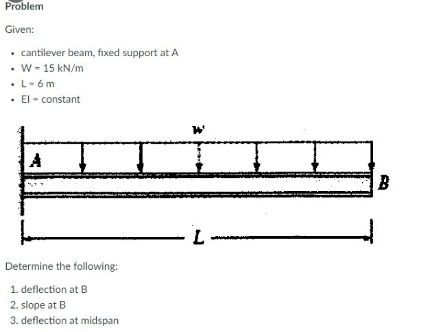 Problem
Given:
• cantilever beam, fixed support at A
• W = 15 kN/m
• L=6m
.
El = constant
Determine the following:
1. deflection at B
2. slope at B
3. deflection at midspan
W
L