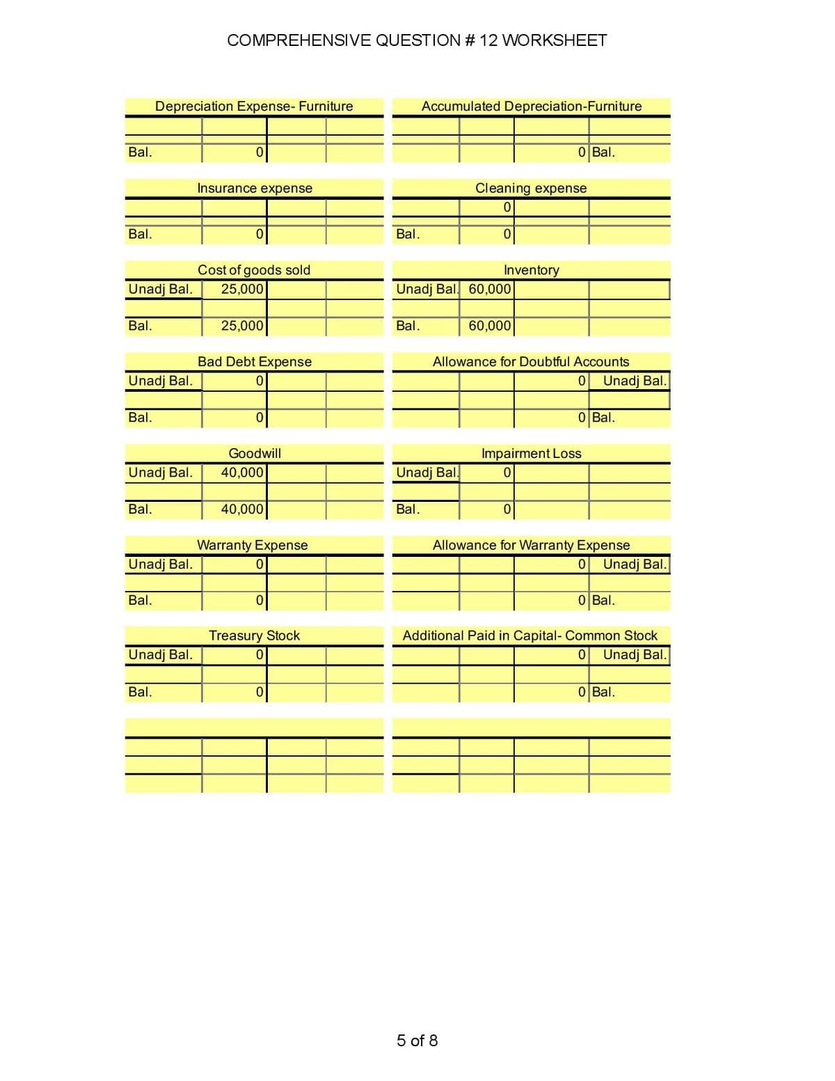 COMPREHENSIVE QUESTION # 12 WORKSHEET
Depreciation Expense- Furniture
Accumulated Depreciation-Furniture
Bal.
O Bal.
Insurance expense
Cleaning expense
Bal.
Bal.
Cost of goods sold
Inventory
Unadj Bal.
25,000
Unadj Bal. 60,000
Bal.
25,000
Bal.
60,000
Bad Debt Expense
Allowance for Doubtful Accounts
Unadj Bal.
Unadj Bal.
Bal.
O Bal.
Goodwill
Impairment Loss
Unadj Bal.
40,000
Unadj Bal.
Bal.
40,000
Bal.
Warranty Expense
Allowance for Warranty Expense
Unadj Bal.
0 Unadj Bal.
Bal.
O Bal.
Treasury Stock
Additional Paid in Capital- Common Stock
Unadj Bal.
Unadj Bal.
Bal.
O Bal.
5 of 8
