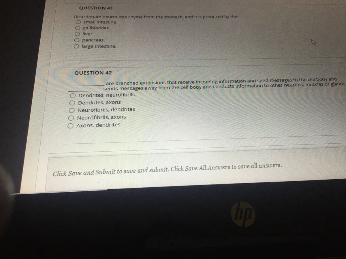 QUESTION 41
Bicarbonate neutralizes chyme from the stomach, and it is produced by the:
O small intestine.
O gallbladder.
O liver.
O pancreas.
large intestine.
QUESTION 42
are branched extensions that receive incoming information and send messages to the cell body and
sends messages away from the cell body and conducts information to other neurons, muscles or glands.
O Dendrites, neurofibrils
O Dendrites, axons
O Neurofibrils, dendrites
O Neurofibrils, axons
O Axons, dendrites
Click Save and Submit to şave and submit. Click Save All Answers to save all amswers.
