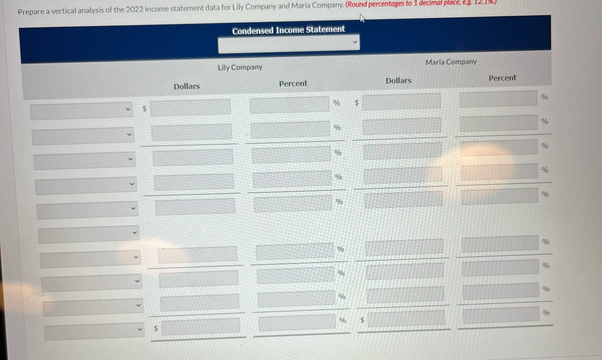 Prepare a vertical analysis of the 2022 income statement data for Lily Company and Maria Company. (Round percentages to 1 decimal place, e.g. 12.1%)
Dollars
Condensed Income Statement
Lily Company
Percent
%
%
%
%
%
%
%
%
%
$
$
Dollars
Maria Company
Percent
+
#
%
%
%
%
%
%
%
%
%