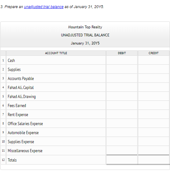 3. Prepare an unadjusted trial balance as of January 31, 20Y5.
1 Cash
2 Supplies
3 Accounts Payable
4
Fahad Ali, Capital
5 Fahad Ali, Drawing
6
Fees Earned
7 Rent Expense
8 Office Salaries Expense
9 Automobile Expense
10 Supplies Expense
11 Miscellaneous Expense
12 Totals
Mountain Top Realty
UNADJUSTED TRIAL BALANCE
January 31, 20Y5
ACCOUNT TITLE
DEBIT
CREDIT