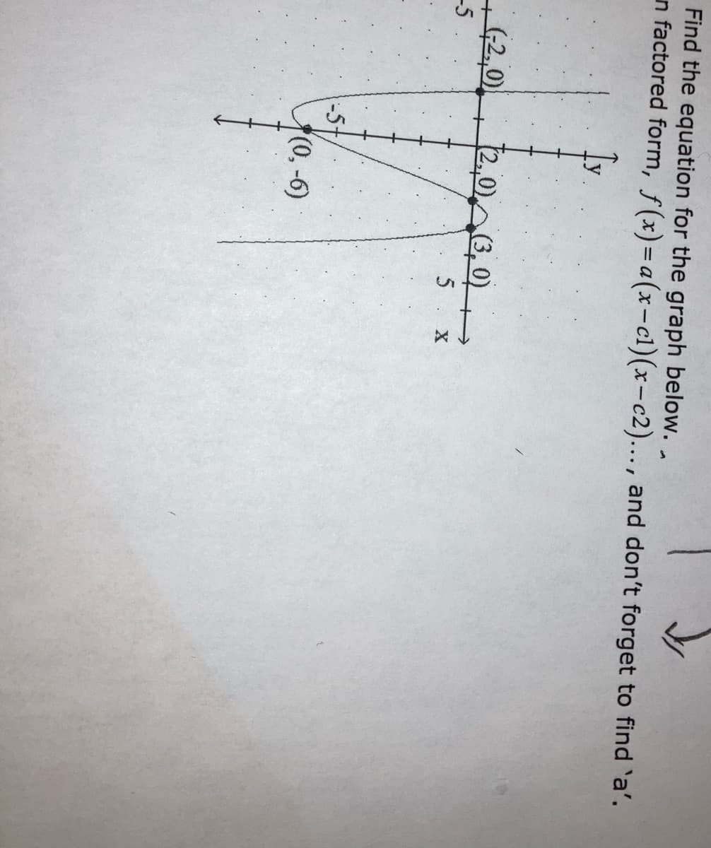 Find the equation for the graph below. .
n factored form, f(x)=a(x-cl)(x-c2)..., and don't forget to find 'a'.
+42,0)
2,0) 3, 0)
-5
(0, -6)
