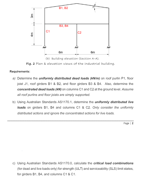 4m
3m
C1
B1, B2
B3, B4
C2
6m
6m
(b) Building elevation (Section A-A).
Fig. 2 Plan & elevation views of the industrial building.
Requirements:
a) Determine the uniformly distributed dead loads (kN/m) on roof purlin P1, floor
joist J1, roof girders B1 & B2, and floor girders B3 & B4. Also, determine the
concentrated dead loads (kN) on columns C1 and C2 at the ground level. Assume
all roof purlins and floor joists are simply supported.
b) Using Australian Standards AS1170.1, determine the uniformly distributed live
loads on girders B1, B4 and columns C1 & C2. Only consider the uniformly
distributed actions and ignore the concentrated actions for live loads.
Page 2
c) Using Australian Standards AS1170.0, calculate the critical load combinations
(for dead and live loads only) for strength (ULT) and serviceability (SLS) limit states,
for girders B1, B4, and columns C1 & C1.