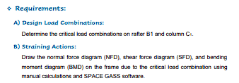 + Requirements:
A) Design Load Combinations:
Determine the critical load combinations on rafter B1 and column C₁.
B) Straining Actions:
Draw the normal force diagram (NFD), shear force diagram (SFD), and bending
moment diagram (BMD) on the frame due to the critical load combination using
manual calculations and SPACE GASS software.