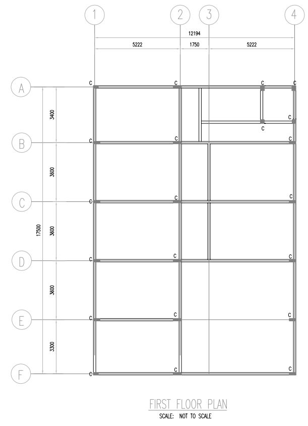 A
B
O
D
E
F
17500
3400
3600
3600
3600
3300
1
€
5222
2
12194
1750
3
FIRST FLOOR PLAN
SCALE: NOT TO SCALE
5222
C
4