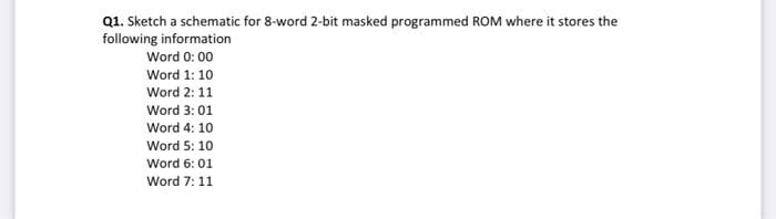 Q1. Sketch a schematic for 8-word 2-bit masked programmed ROM where it stores the
following information
Word 0: 00
Word 1: 10
Word 2: 11
Word 3:01
Word 4: 10
Word 5: 10
Word 6:01
Word 7:11
