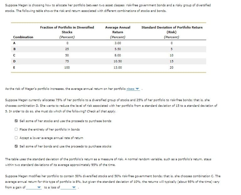 Suppose Megan is choosing how to allocate her portfolio between two asset classes: risk-free government bonds and a risky group of diversified
stocks. The following table shows the risk and return associated with different combinations of stocks and bonds.
Combination
A
BUDE
C
Fraction of Portfolio in Diversified
Stocks
(Percent)
0
25
50
75
100
Average Annual
Return
(Percent)
3.00
5.50
8.00
10.50
13.00
As the risk of Megan's portfolio increases, the average annual return on her portfolio rises
Standard Deviation of Portfolio Return
(Risk)
(Percent)
0
5
10
15
20
Suppose Megan currently allocates 75% of her portfolio to a diversified group of stocks and 25% of her portfolio to risk-free bonds; that is, she
chooses combination D. She wants to reduce the level of risk associated with her portfolio from a standard deviation of 15 to a standard deviation of
5. In order to do so, she must do which of the following? Check all that apply.
Sell some of her stocks and use the proceeds to purchase bonds
Place the entirety of her portfolio in bonds
Accept a lower average annual rate of return
Sell some of her bonds and use the proceeds to purchase stocks
The table uses the standard deviation of the portfolio's return as a measure of risk. A normal random variable, such as a portfolio's return, stays
within two standard deviations of its average approximately 95% of the time.
Suppose Megan modifies her portfolio to contain 50% diversified stocks and 50% risk-free government bonds; that is, she chooses combination C. The
average annual return for this type of portfolio is 8%, but given the standard deviation of 10%, the returns will typically (about 95% of the time) vary
from a gain of
to a loss of