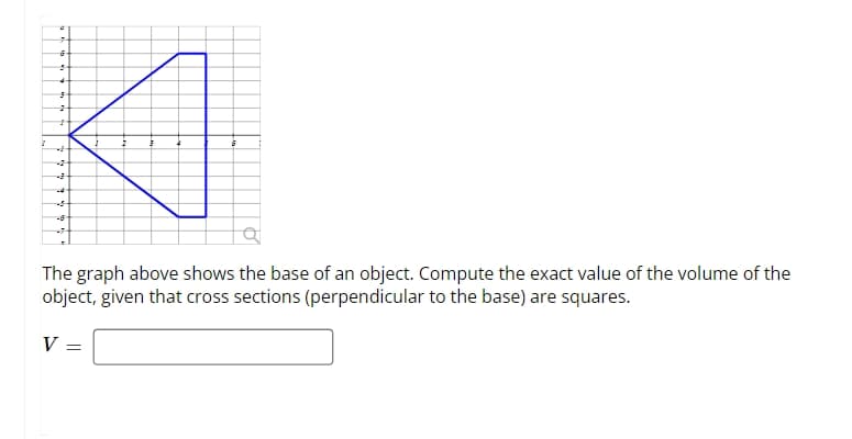 6
3
2
-2
-3
-5
6
-6
The graph above shows the base of an object. Compute the exact value of the volume of the
object, given that cross sections (perpendicular to the base) are squares.
V =